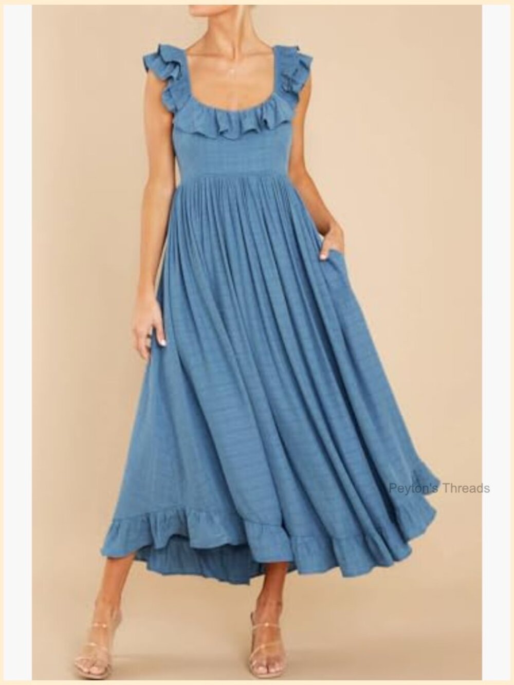 Sleeveless Midi Dress with Pockets Tie Back Ruffle A-Line Flowy Sundress - Picture 2 of 5